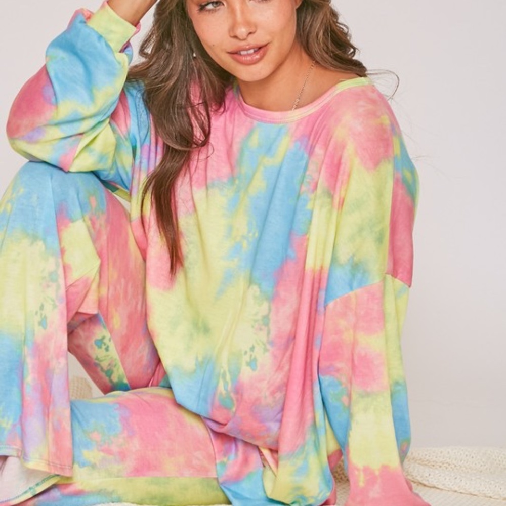 Tie dye pink blue side slit long sleeve top boho - Picture 7 of 9